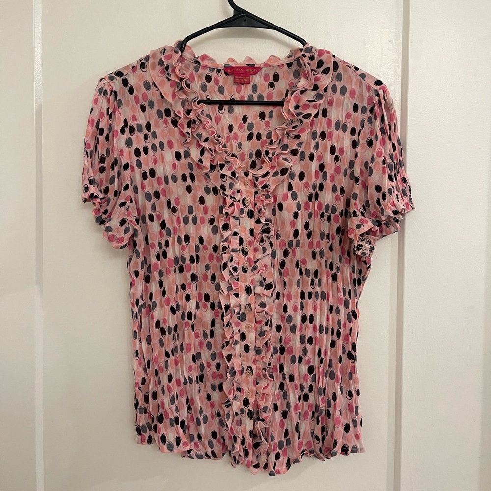 Vintage Y2K Girly Sunny Leigh Pink Polka Dot Ruffle Button-Front Blouse